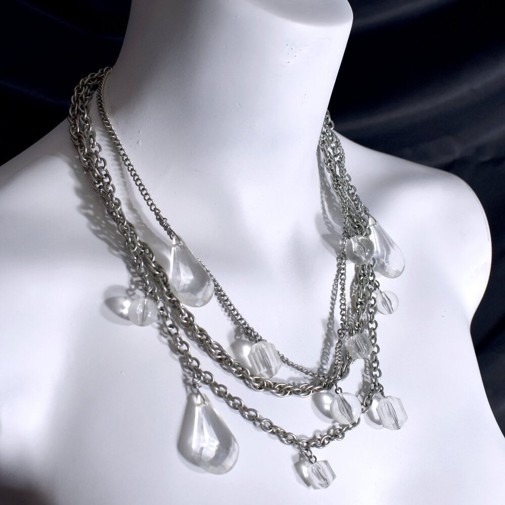 Vintage stacked silver necklace with clear faceted dangle beads faux crystals